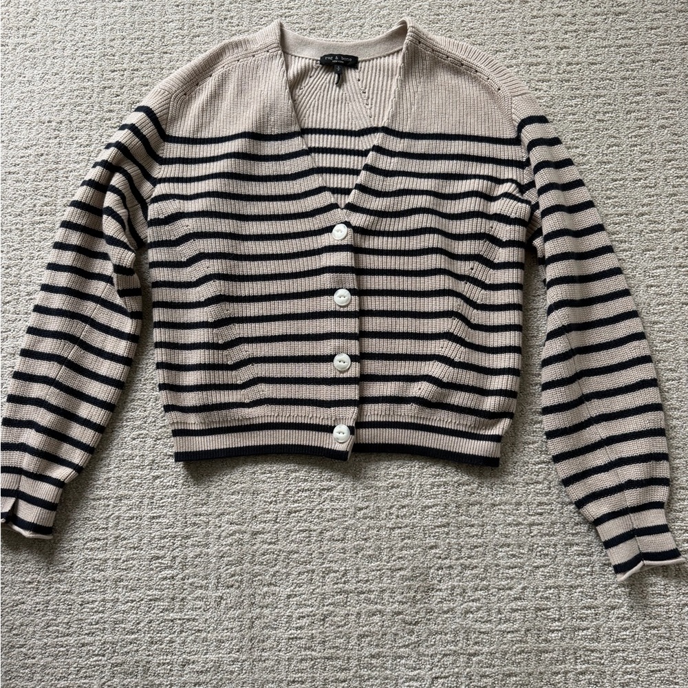 rag & bone Beige and Black Striped V-Neck Button Cardigan